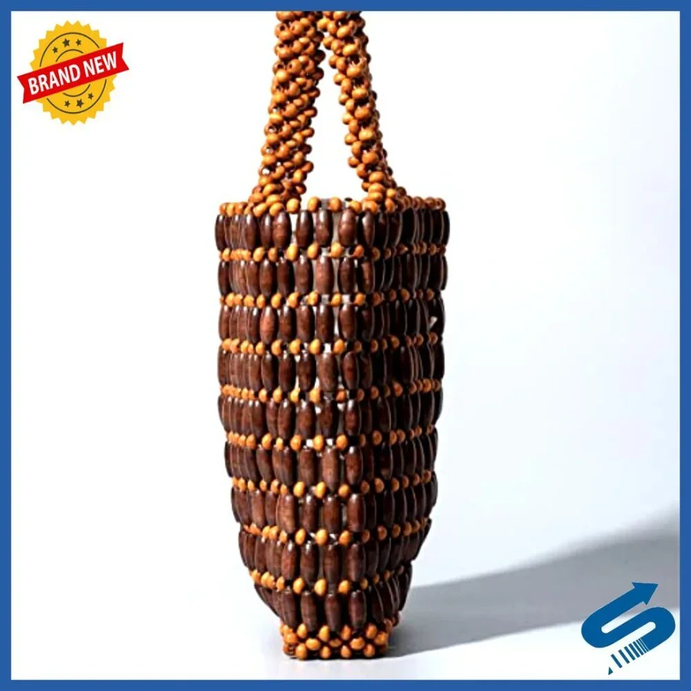 Wooden Bead Woven Tote Bag Small Handmade Retro Chic Clutch Purse
